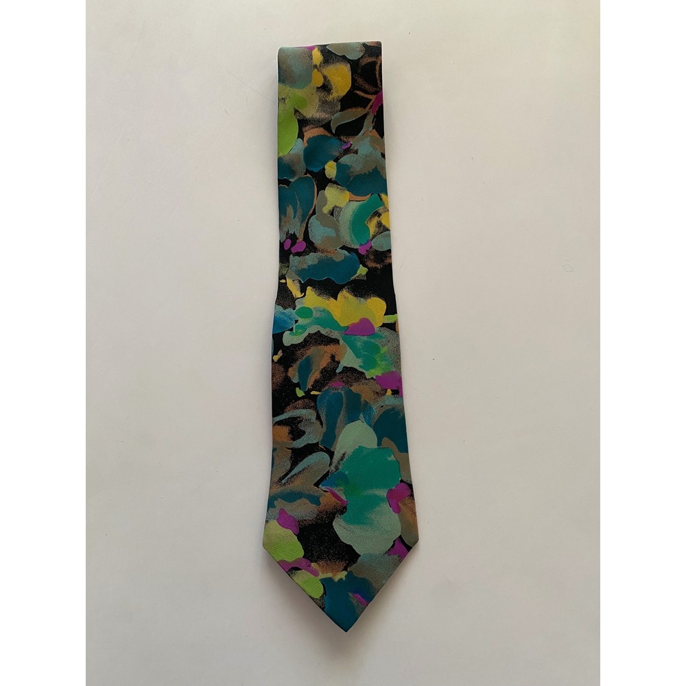 Bella Nova Mens Silk Tie Italy Abstract Floral Watercolor Teal Purple Gold 4in